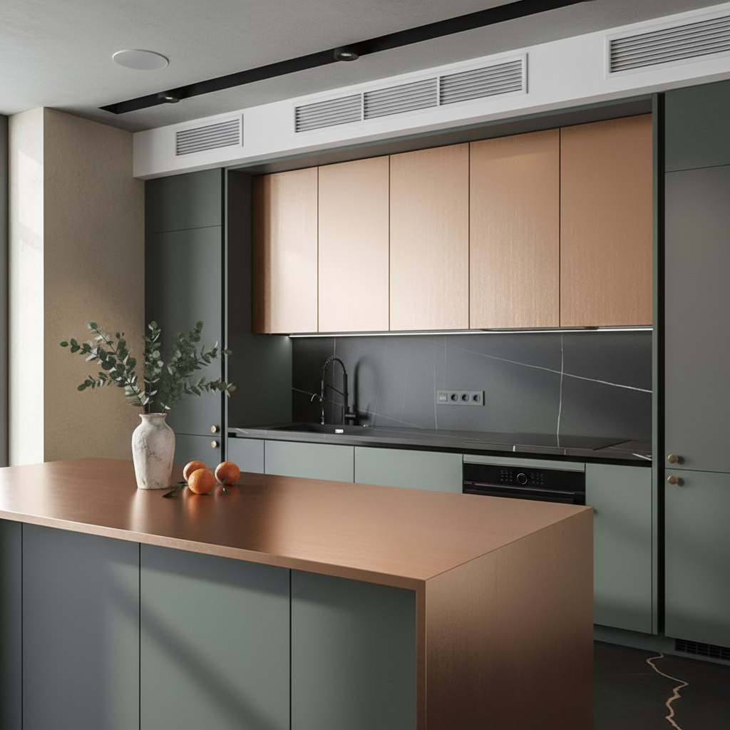 Медь в интерьере, кухня с фасадами медь шлифованная реальное фото